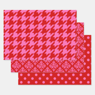 Feuille De Papier Cadeau Damier, Damassé, Points DIY Couleurs Rouge Rose