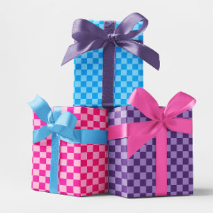 Feuille De Papier Cadeau Damier multicolore bleu rose et violet