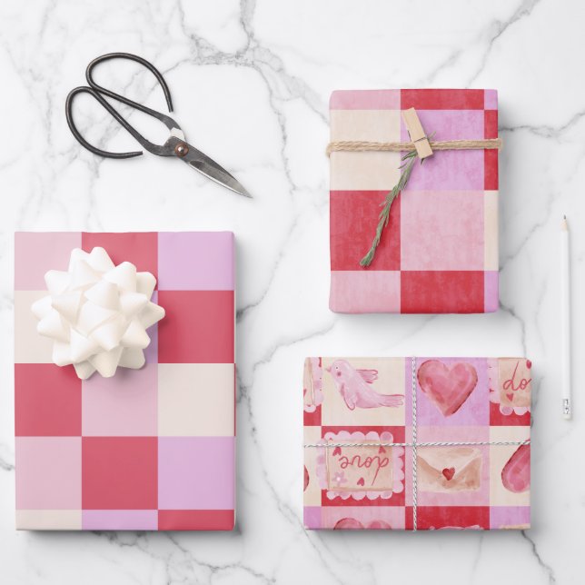 Feuille De Papier Cadeau damier valentine plaid rouge crème rose preppy (Recto)