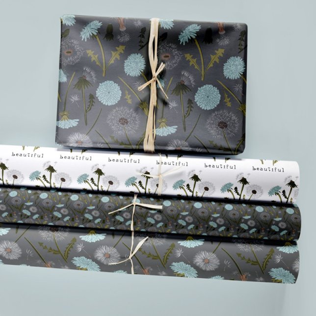 Feuille De Papier Cadeau Dandelions Floraux Dandelions Blue Decoupage Cadea (Dandelions Blue Gray Floral Botanical Patterns Wrapping Paper Sheets from Studio Posies.)