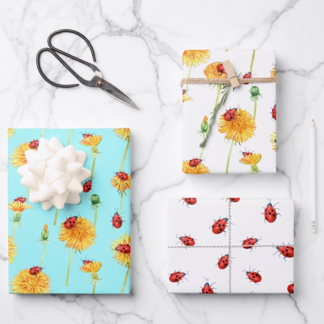 Feuille De Papier Cadeau Dandelions jaunes et Ladybugs rouges (Recto)