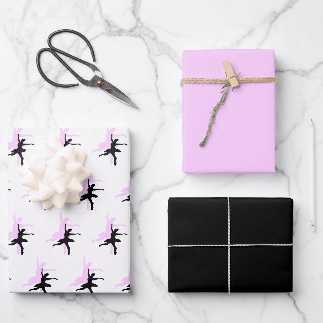 Feuille De Papier Cadeau Danse de ballerine rose et noir (Recto)