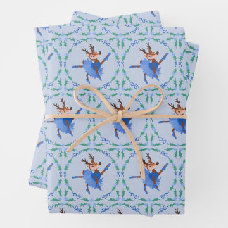 Feuille De Papier Cadeau Danseuse de Noël Bleue la Renne Ballerine