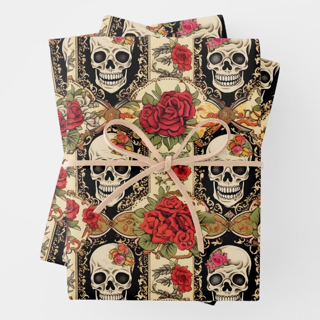 Feuille De Papier Cadeau Day of the Dead Skull and Roses Pack (En situation)