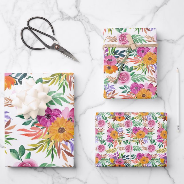 Feuille De Papier Cadeau Décontractée Élégance Violet Rose Fleurs Jaunes Fl (Recto)