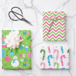 Feuille De Papier Cadeau Décor de Noël moderne Snowman et rose et vert