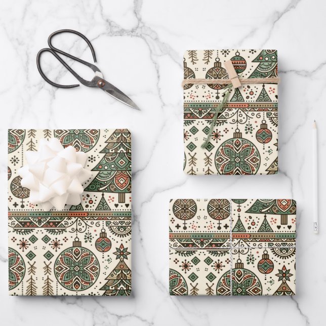 Feuille De Papier Cadeau Décor vert Arbre de Noël (Recto)