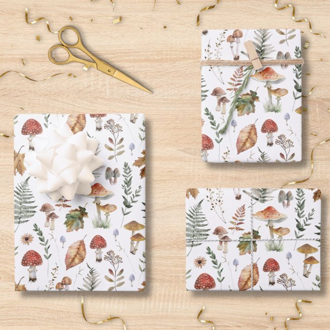 Feuille De Papier Cadeau Découpage à motif botanique de champignons à l'aqu (Créateur téléchargé)
