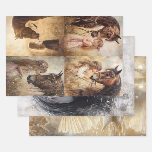 Feuille De Papier Cadeau Découpage Collection Whimsèque Chevaux et cygne (Lot)