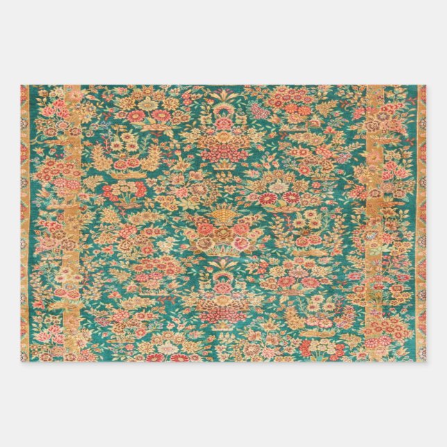 Feuille De Papier Cadeau Découpage de style turkmène fleuri d'or vert (Devant)