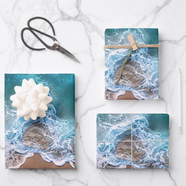 Feuille De Papier Cadeau Découpage des vagues de rivage de plage (Recto)