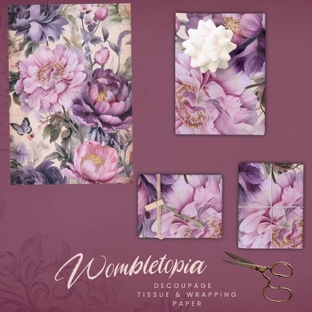 Feuille De Papier Cadeau Découpage florale et papillon antique, violet (Créateur téléchargé)