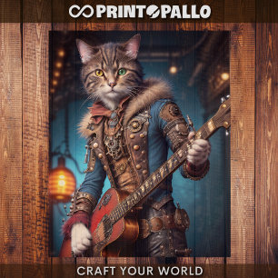 Feuille De Papier Cadeau Découpage - Un chat steampunk et guitare -