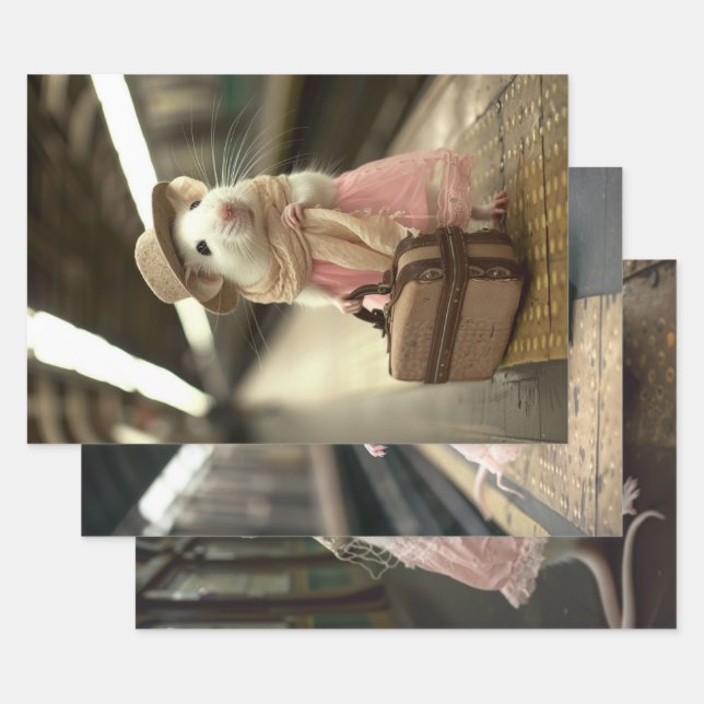 Feuille De Papier Cadeau Découpage vintage de souris de voyage (Lot)