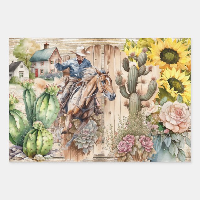 Feuille De Papier Cadeau Découpage western - tournesol cowboy ranch rustiqu (Devant 3)