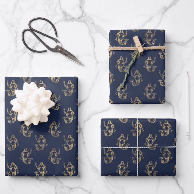 Feuille De Papier Cadeau Deep Navy Blue and Metallic Gold Mermaid Party (Recto)