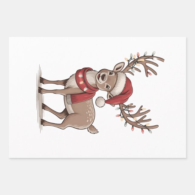 Feuille De Papier Cadeau Deer Animal Christmas Deer Santa Hat Xmas  (Devant)