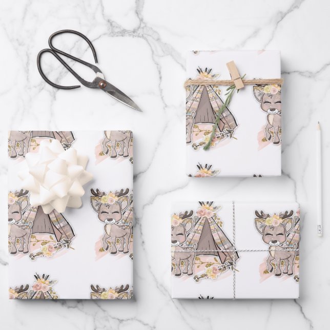 Feuille De Papier Cadeau Deer et Tent Cute Extérieur (Recto)