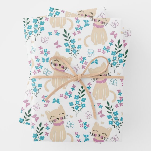 Feuille De Papier Cadeau Delicate Kitten and Botanical Doodle (En situation)