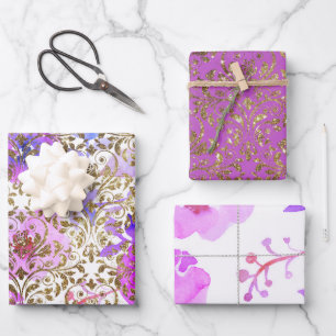 Feuille De Papier Cadeau Dentelle florale dorée rose violet