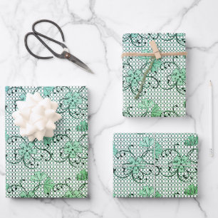 Feuille De Papier Cadeau Dentelle Florale Motif Bleu Et Vert