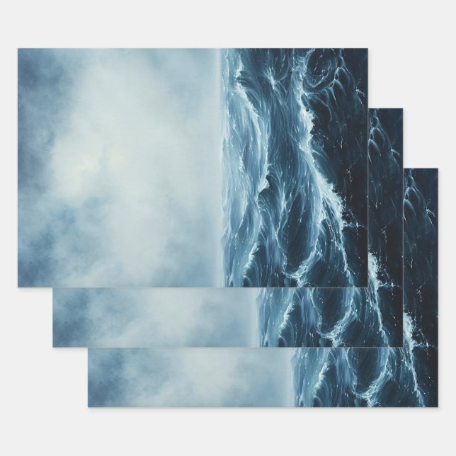 Feuille De Papier Cadeau Déroupage des vagues océaniques des mers rudes (Lot)