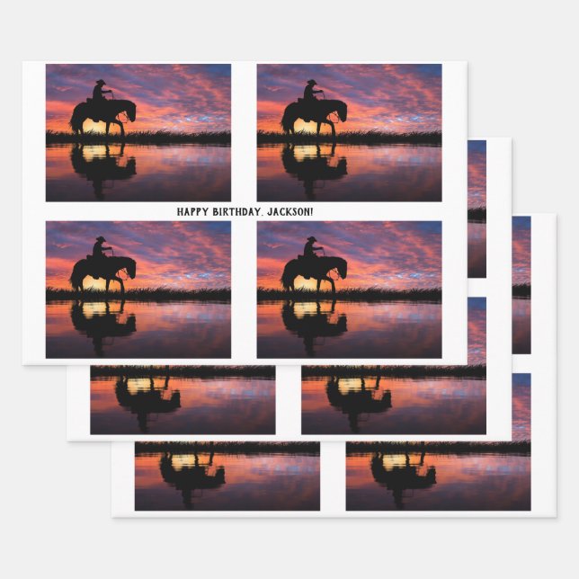 Feuille De Papier Cadeau Des cowboys à cheval au coucher du soleil (Lot)