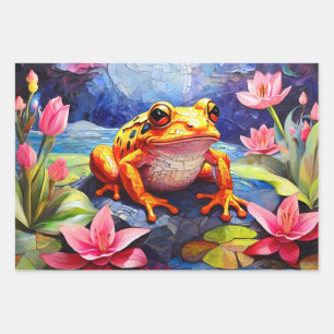 Feuille De Papier Cadeau Des grenouilles mignonnes amusantes, assises sur u