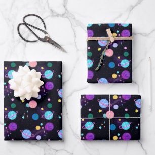 Feuille De Papier Cadeau Des Planètes Peintes Au Hasard Étoiles Soleil Astr