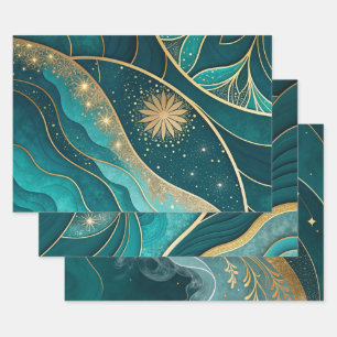 Feuille De Papier Cadeau Design Abstrait Marbré Floral Céleste Or et Sarcel