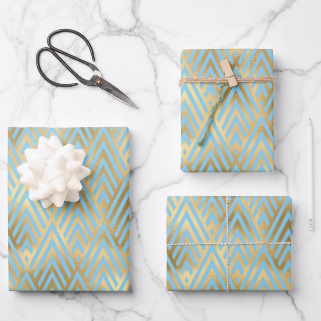 Feuille De Papier Cadeau Design Art Déco, Motif Turquoise et or (Recto)