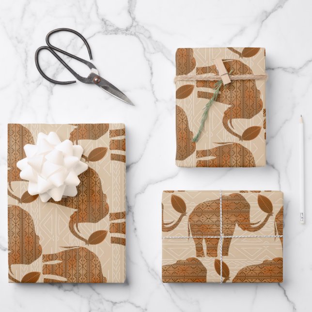 Feuille De Papier Cadeau Design d'art tribal des éléphants (Recto)