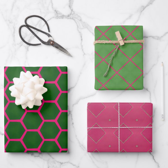 Feuille De Papier Cadeau Design moderne géométrique chic vert et rose (Recto)