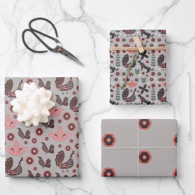 Feuille De Papier Cadeau Design nordique rose et gris (Recto)