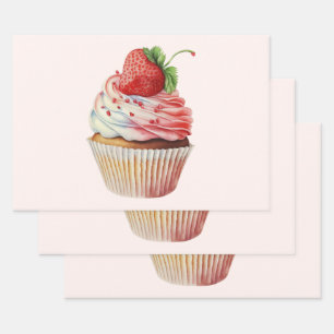 Feuille De Papier Cadeau Dessert sucré à la fraise Cupcake