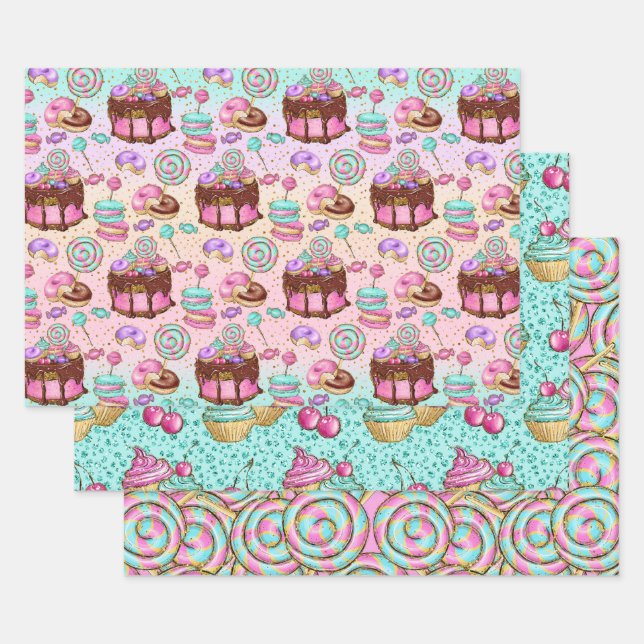 Feuille De Papier Cadeau Desserts de menthe rose mignonne Cupcakes Doughnut (Lot)