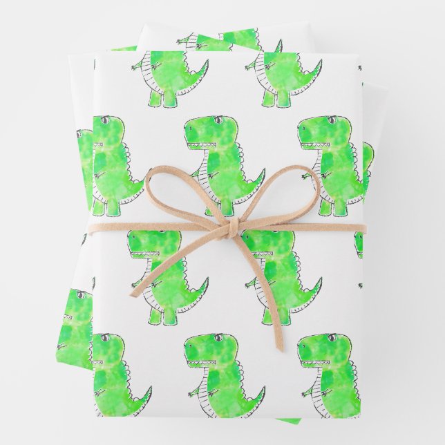 Feuille De Papier Cadeau Dessin d'aquarelle Dinosaure Vert (En situation)