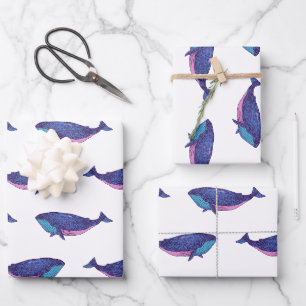 Feuille De Papier Cadeau Dessin d'art de la baleine mignonne en bleu et bla
