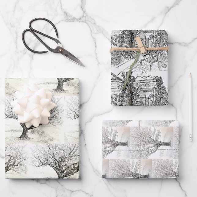 Feuille De Papier Cadeau Dessin du stylet et de l'arbre d'encre (Recto)