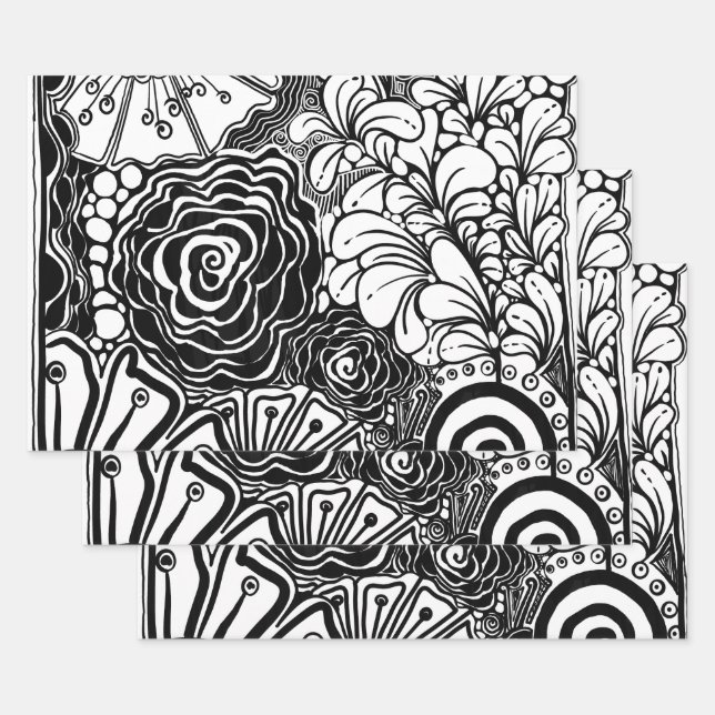 Feuille De Papier Cadeau Dessin Motif Floral Noir Et Blanc (Lot)