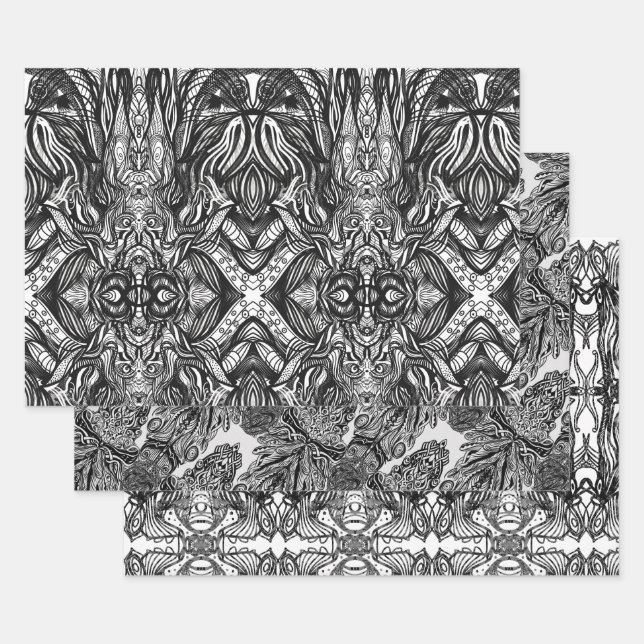 Feuille De Papier Cadeau Dessins à l'encre noire et blanche (Lot)