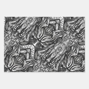 Feuille De Papier Cadeau Dessins à l'encre noire et blanche