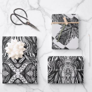 Feuille De Papier Cadeau Dessins à l'encre noire et blanche