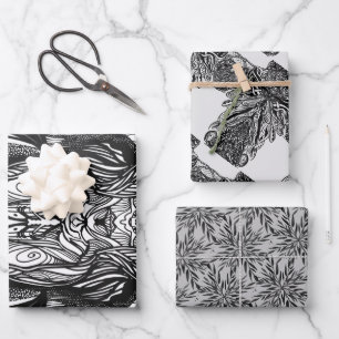 Feuille De Papier Cadeau Dessins à l'encre noire et blanche