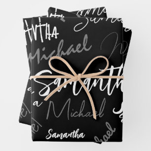 Feuille De Papier Cadeau Deux noms couple motif monogramme noir gris blanc