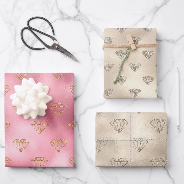 Feuille De Papier Cadeau Diamants de Parties scintillant rose or (Recto)