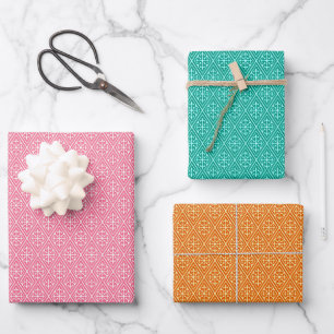 Feuille De Papier Cadeau Diamond Motif, Coral, Turquoise et Orange