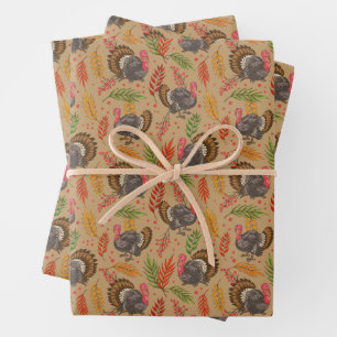 Feuille De Papier Cadeau Dindon gloussant dans le motif de la forêt