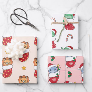Feuille De Papier Cadeau Dino Christmas Winter Animaux Vacances Tricératops