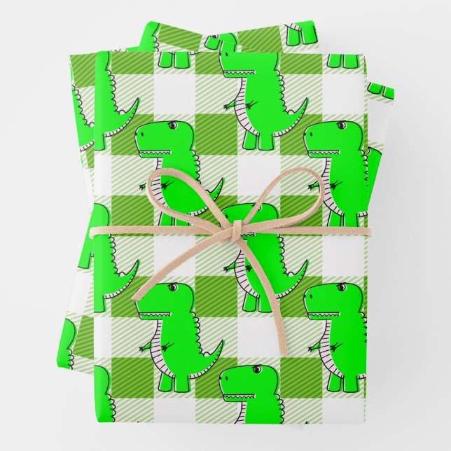 Feuille De Papier Cadeau Dino Tartan vert et blanc Plaid Motif (En situation)